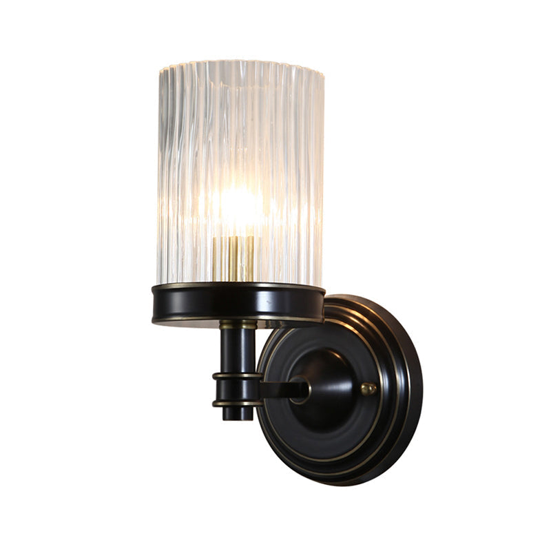 Cylinder Wall Lamp Vintage Stylish Clear Ribbed Glass 1 Bulb Black/Golden Finish Wall Lamp for the Living Room