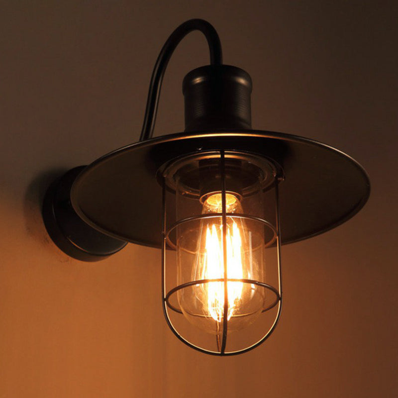 Black conical wall lamp industrial metal 1 light head corridor goose neck wall lamp with cage