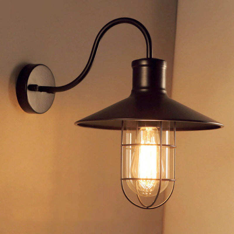 Black conical wall lamp industrial metal 1 light head corridor goose neck wall lamp with cage