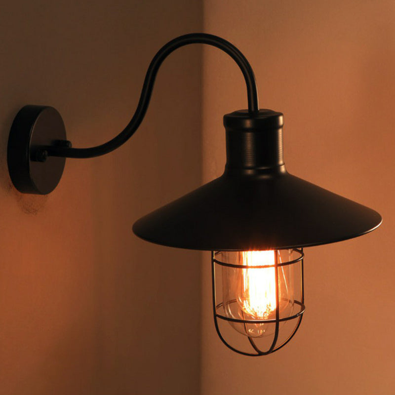 Black conical wall lamp industrial metal 1 light head corridor goose neck wall lamp with cage