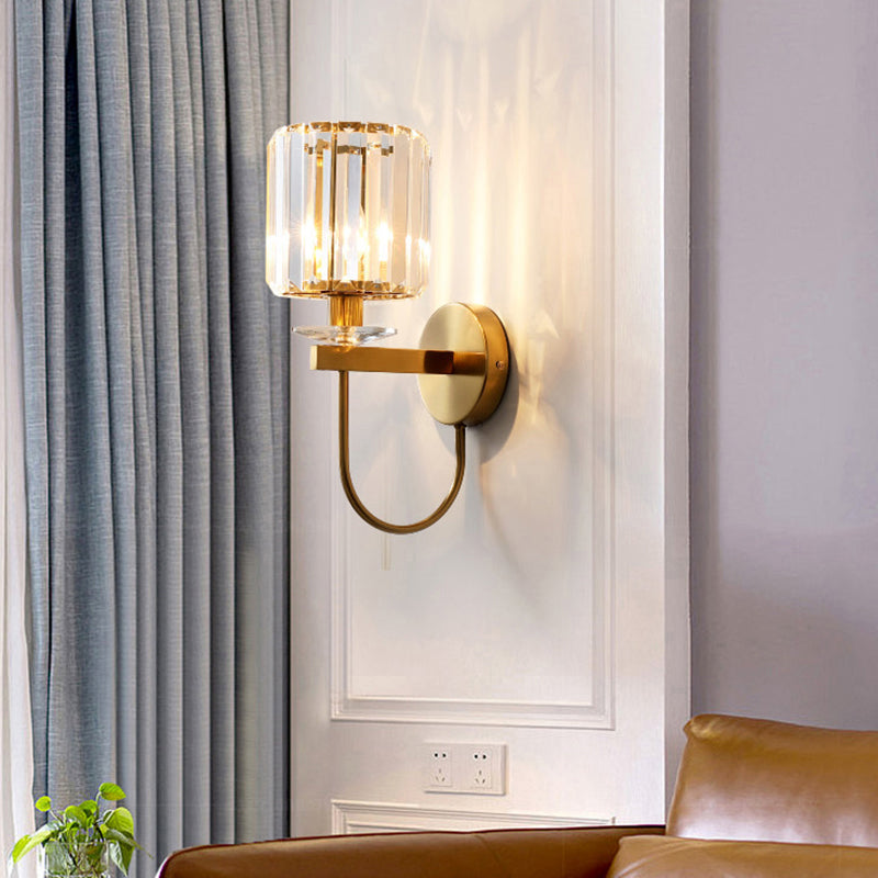 Cylindrical Crystal Wall Lamp Postmodern 1 Main Golden Finish Wall Lamp with Curved Arm