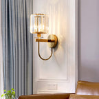 Cylindrical Crystal Wall Lamp Postmodern 1 Main Golden Finish Wall Lamp with Curved Arm