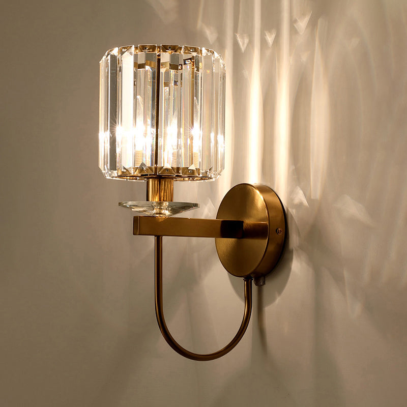 Cylindrical Crystal Wall Lamp Postmodern 1 Main Golden Finish Wall Lamp with Curved Arm