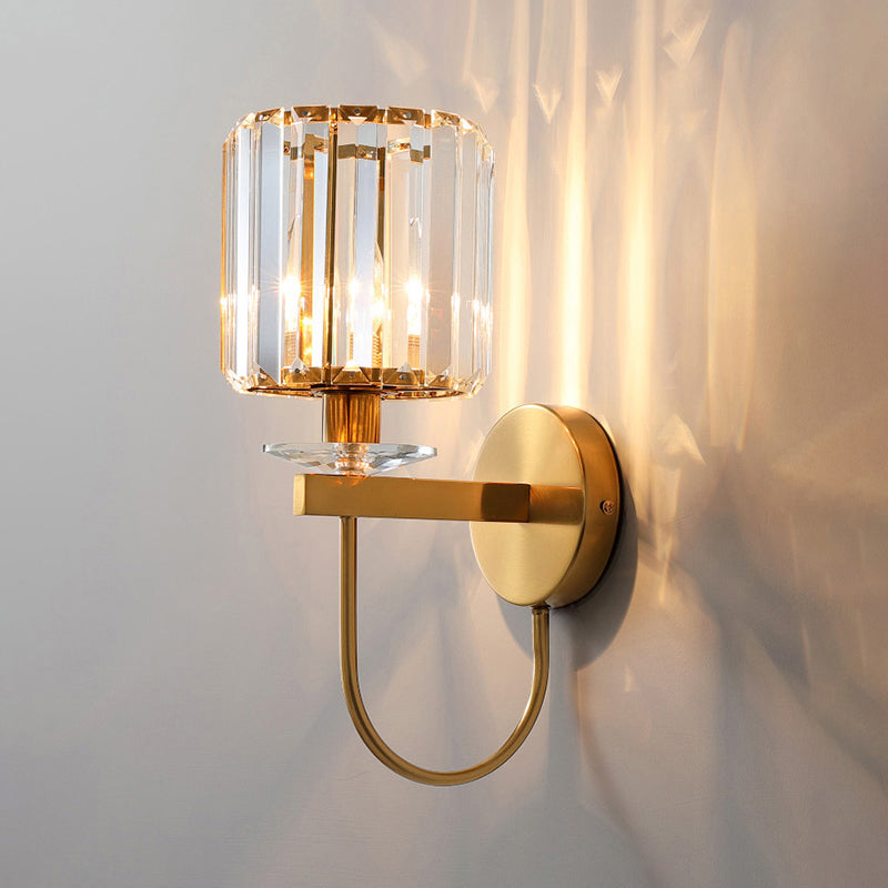 Cylindrical Crystal Wall Lamp Postmodern 1 Main Golden Finish Wall Lamp with Curved Arm