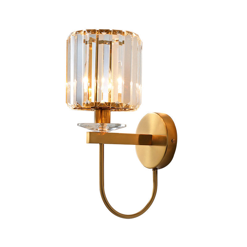 Cylindrical Crystal Wall Lamp Postmodern 1 Main Golden Finish Wall Lamp with Curved Arm