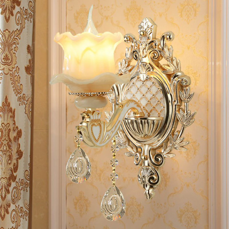Jade Wand Link Traditional Beige Flowers Hal Link with Crystal Pendant
