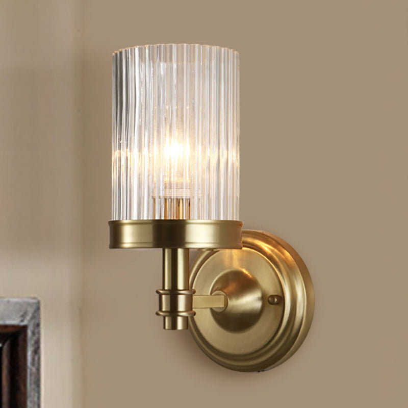 Cylinder Wall Lamp Vintage Stylish Clear Ribbed Glass 1 Bulb Black/Golden Finish Wall Lamp for the Living Room