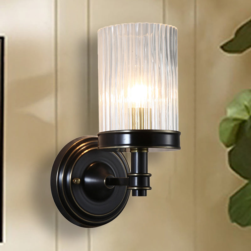 Cylinder Wall Lamp Vintage Stylish Clear Ribbed Glass 1 Bulb Black/Golden Finish Wall Lamp for the Living Room
