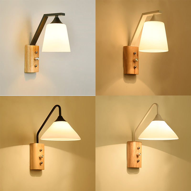 White glass wall lamps wood down lighting for home office bedroom
