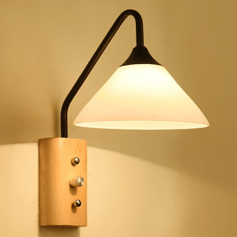 White glass wall lamps wood down lighting for home office bedroom