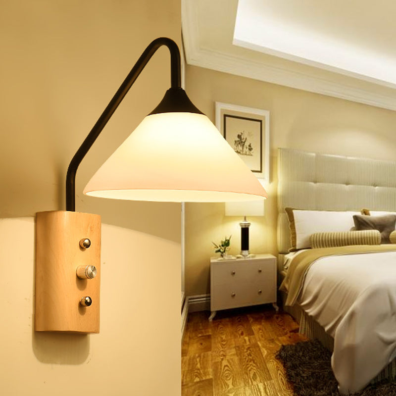 White glass wall lamps wood down lighting for home office bedroom