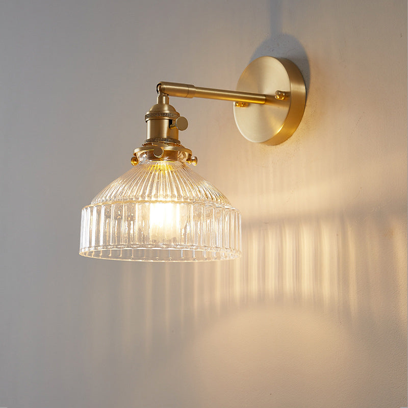 Industrial Wall Lamp Pressed Ribbed Glass Wall Lamp Sconces in Golden Finish for Bedroom