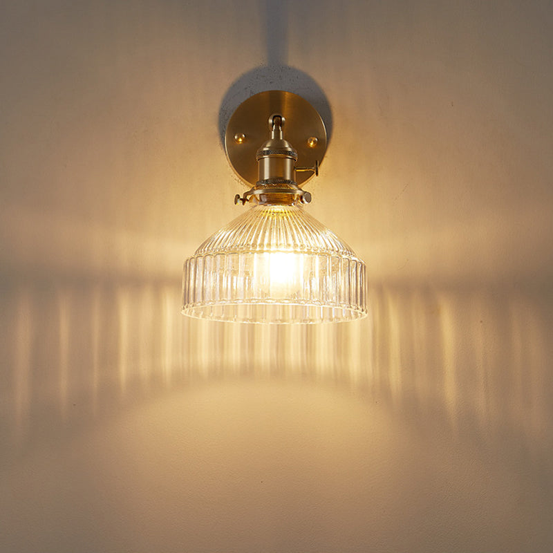 Industrial Wall Lamp Pressed Ribbed Glass Wall Lamp Sconces in Golden Finish for Bedroom