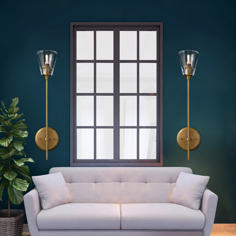Black/Messing-Finish Pencil Arm Wall Lamp Vintage Metal 1/2 Bulbs Wall Lamp with Clear Conical Glass Shade