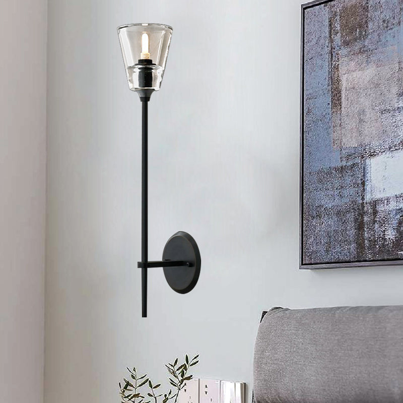 Black/Messing-Finish Pencil Arm Wall Lamp Vintage Metal 1/2 Bulbs Wall Lamp with Clear Conical Glass Shade