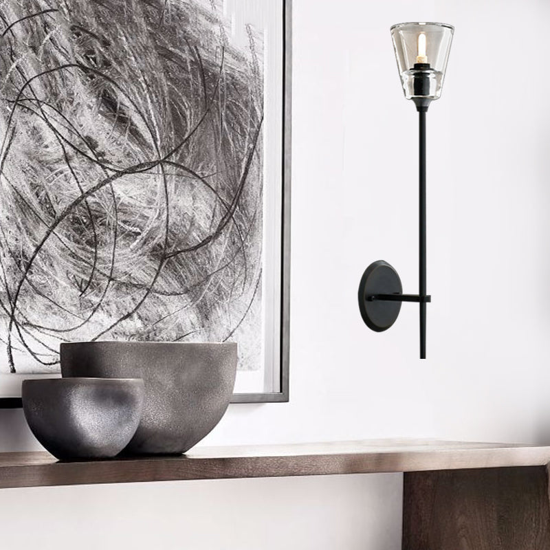 Black/Messing-Finish Pencil Arm Wall Lamp Vintage Metal 1/2 Bulbs Wall Lamp with Clear Conical Glass Shade