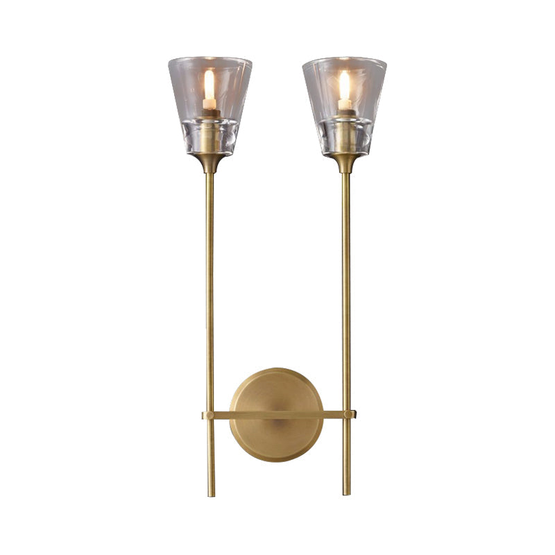 Black/Messing-Finish Pencil Arm Wall Lamp Vintage Metal 1/2 Bulbs Wall Lamp with Clear Conical Glass Shade