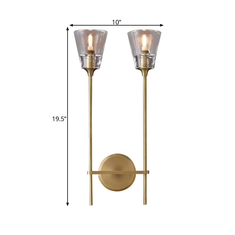 Black/Messing-Finish Pencil Arm Wall Lamp Vintage Metal 1/2 Bulbs Wall Lamp with Clear Conical Glass Shade