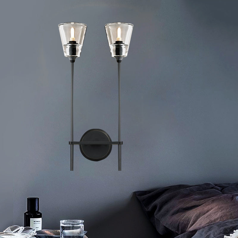 Black/Messing-Finish Pencil Arm Wall Lamp Vintage Metal 1/2 Bulbs Wall Lamp with Clear Conical Glass Shade