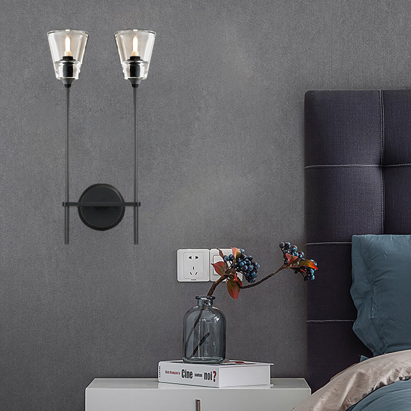 Black/Messing-Finish Pencil Arm Wall Lamp Vintage Metal 1/2 Bulbs Wall Lamp with Clear Conical Glass Shade