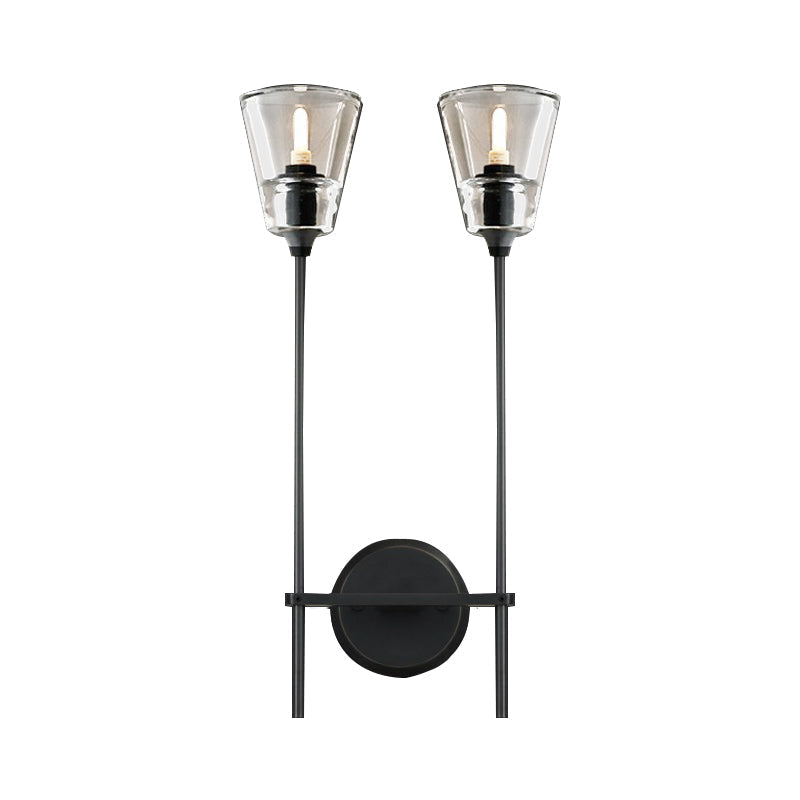 Black/Messing-Finish Pencil Arm Wall Lamp Vintage Metal 1/2 Bulbs Wall Lamp with Clear Conical Glass Shade