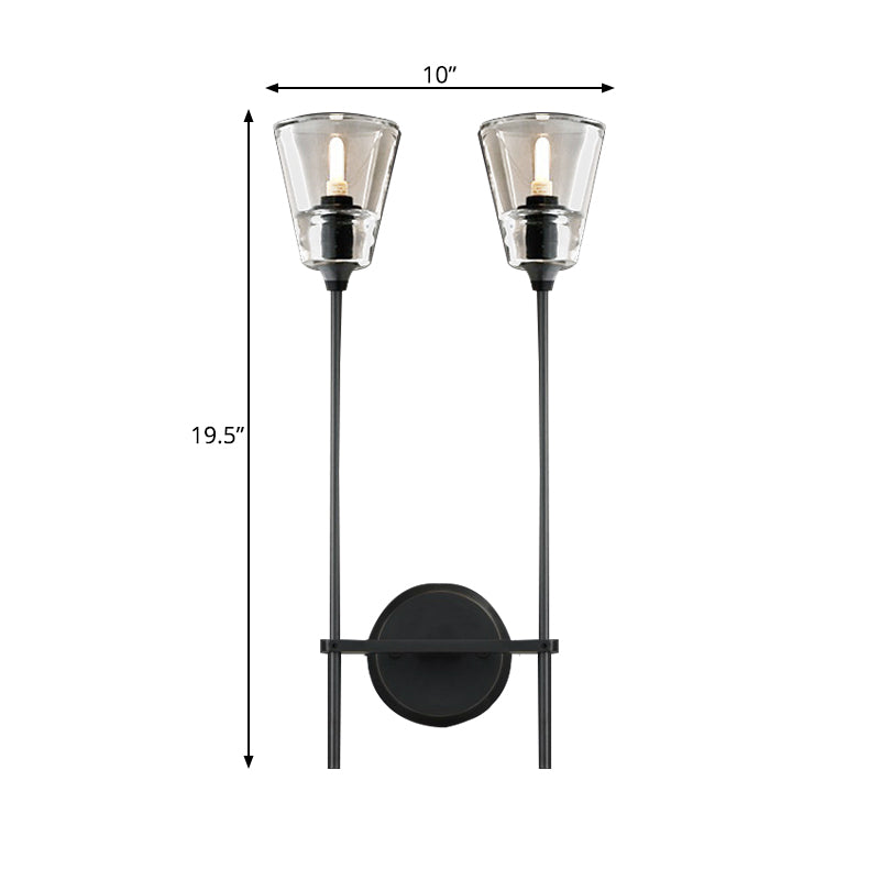 Black/Messing-Finish Pencil Arm Wall Lamp Vintage Metal 1/2 Bulbs Wall Lamp with Clear Conical Glass Shade