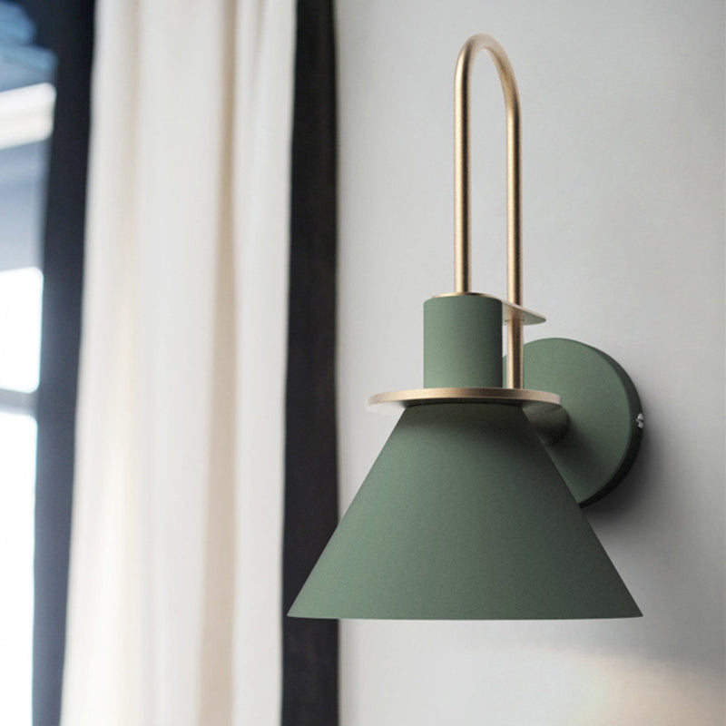 1 Light Nightstand Mounted Lamp Simple Black/White/Green Wall Lamp with Cone-Shaped Metal Shade