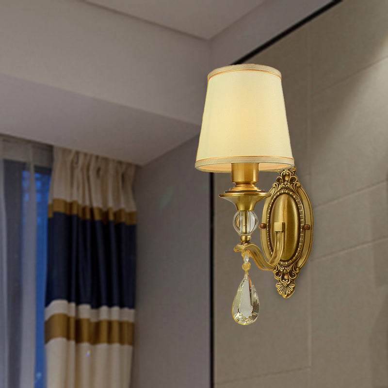 Traditional conical wall lamp mount 1/2 cups fabric wall sconce lighting in gold with hanging crystal