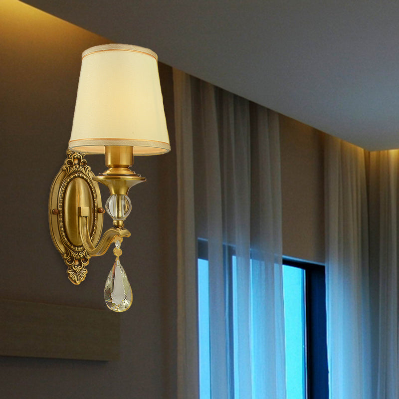 Traditional conical wall lamp mount 1/2 cups fabric wall sconce lighting in gold with hanging crystal