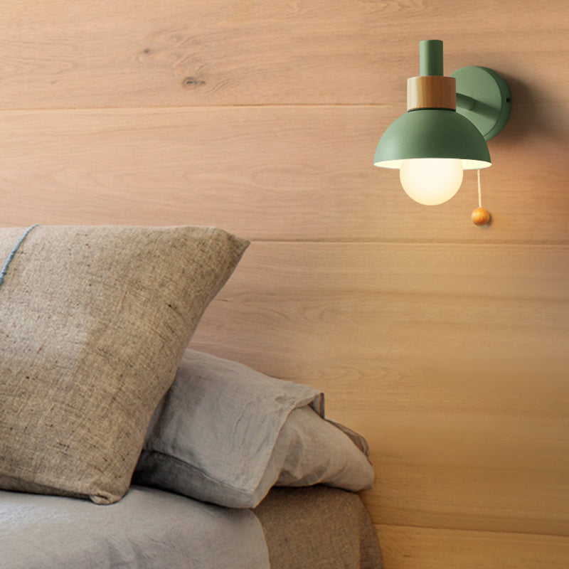 Macaron Dome Wall Lamp 1-Light Wall Lamp with Metal Shade and Pull Cord in White/Pink/Green