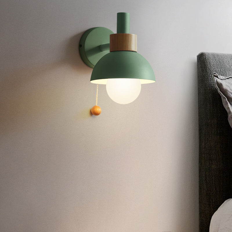 Macaron Dome Wall Lamp 1-Light Wall Lamp with Metal Shade and Pull Cord in White/Pink/Green