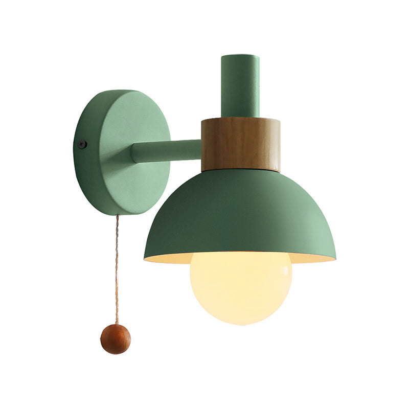 Macaron Dome Wall Lamp 1-Light Wall Lamp with Metal Shade and Pull Cord in White/Pink/Green