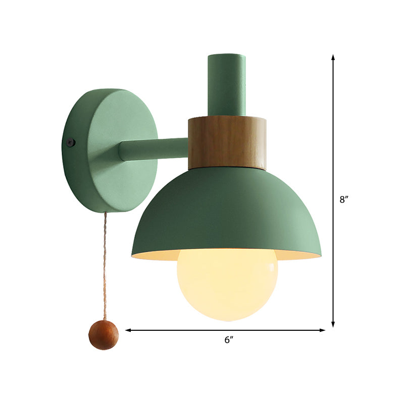 Macaron Dome Wall Lamp 1-Light Wall Lamp with Metal Shade and Pull Cord in White/Pink/Green