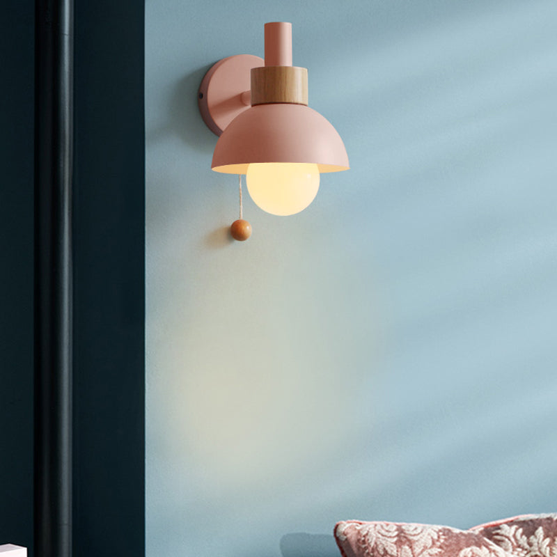 Macaron Dome Wall Lamp 1-Light Wall Lamp with Metal Shade and Pull Cord in White/Pink/Green