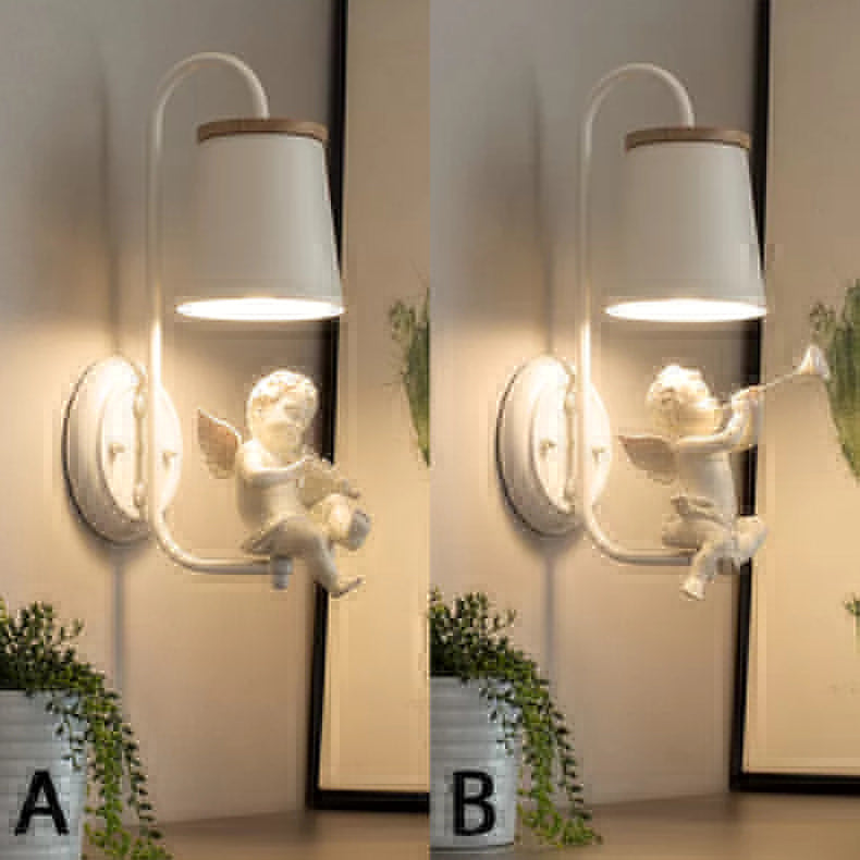 White Little Angel Wall Lamp with Bucket Shade 1 Head Metal Wall Lamp for the Living Room