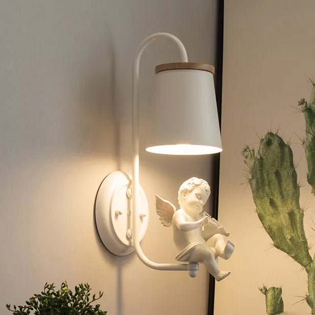 White Little Angel Wall Lamp with Bucket Shade 1 Head Metal Wall Lamp for the Living Room