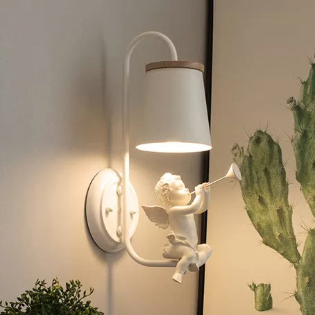 White Little Angel Wall Lamp with Bucket Shade 1 Head Metal Wall Lamp for the Living Room