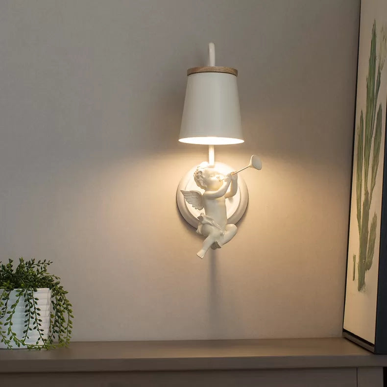 White Little Angel Wall Lamp with Bucket Shade 1 Head Metal Wall Lamp for the Living Room