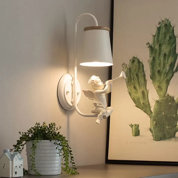 White Little Angel Wall Lamp with Bucket Shade 1 Head Metal Wall Lamp for the Living Room