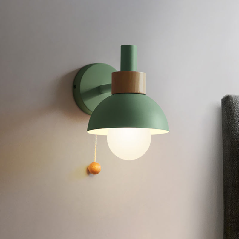 Macaron Dome Wall Lamp 1-Light Wall Lamp with Metal Shade and Pull Cord in White/Pink/Green