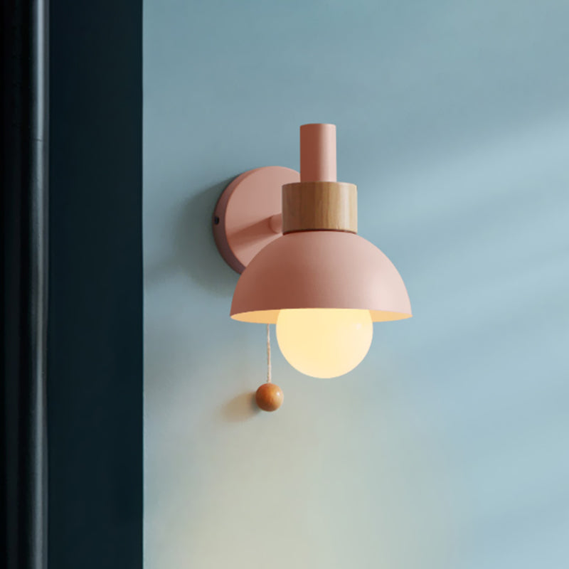 Macaron Dome Wall Lamp 1-Light Wall Lamp with Metal Shade and Pull Cord in White/Pink/Green