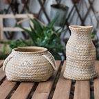 Ceramic Plant Pot in Hemp Bag Design with Rope Handles – Decorative Flower Pot for Garden and Home