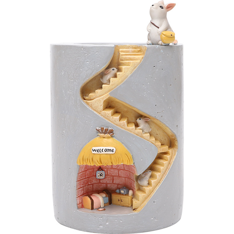 Decorative plant pot with hedgehog and rabbit miniature – Creative staircase design for plants