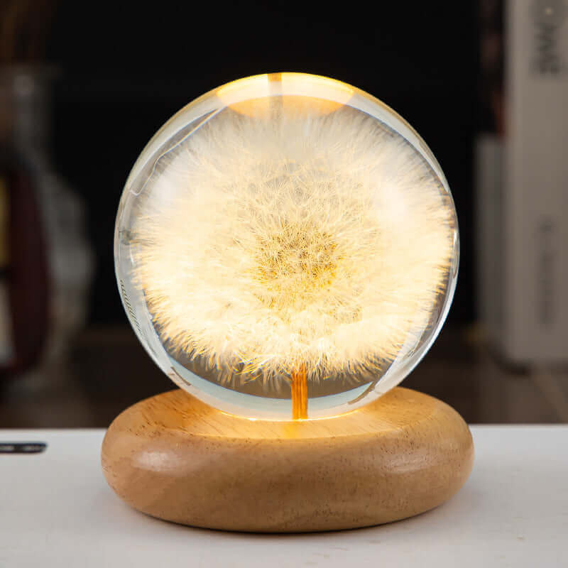 LED Night Lamp Flower Crystal Ball Kids Nightstand Lamp with Wooden Base Bedroom Ambient Light Creative Gift Night Light