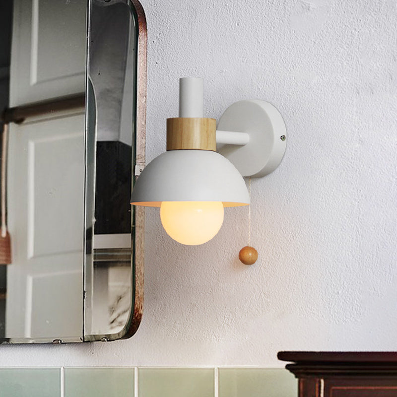 Macaron Dome Wall Lamp 1-Light Wall Lamp with Metal Shade and Pull Cord in White/Pink/Green