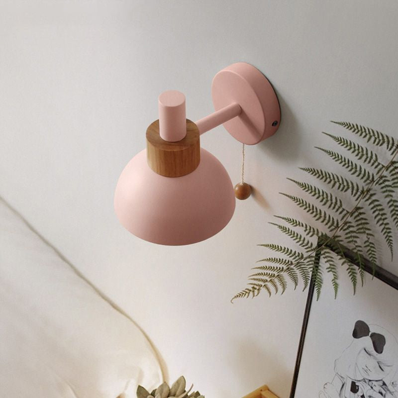Macaron Dome Wall Lamp 1-Light Wall Lamp with Metal Shade and Pull Cord in White/Pink/Green