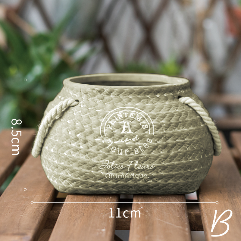 Ceramic Plant Pot in Hemp Bag Design with Rope Handles – Decorative Flower Pot for Garden and Home