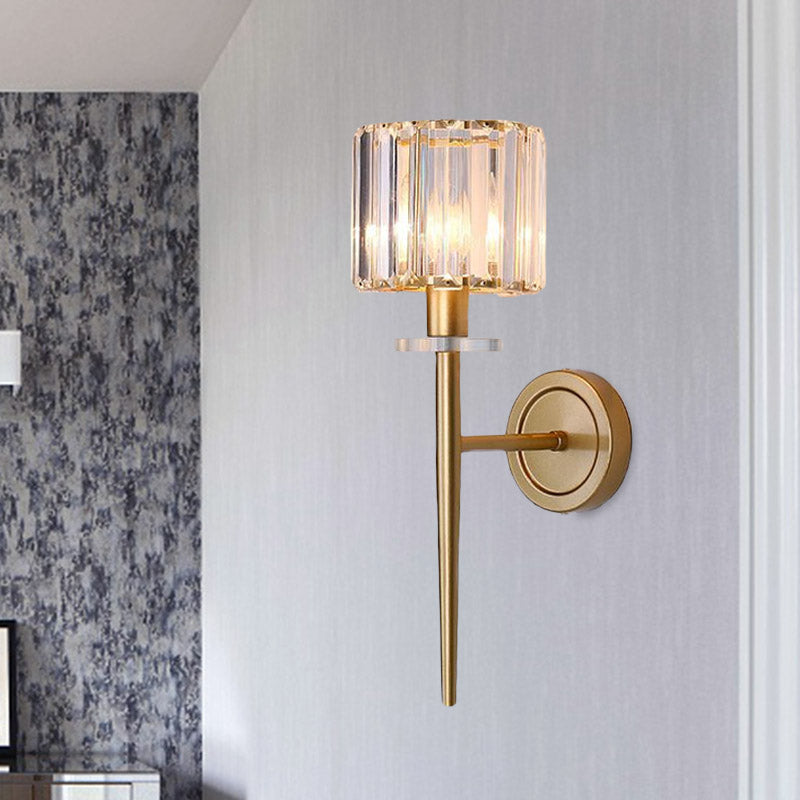 Crystal Block Gold Wall Lamp Cylindrical 1 Light Simple Wall Lighting Setup with Iron Pencil Arm
