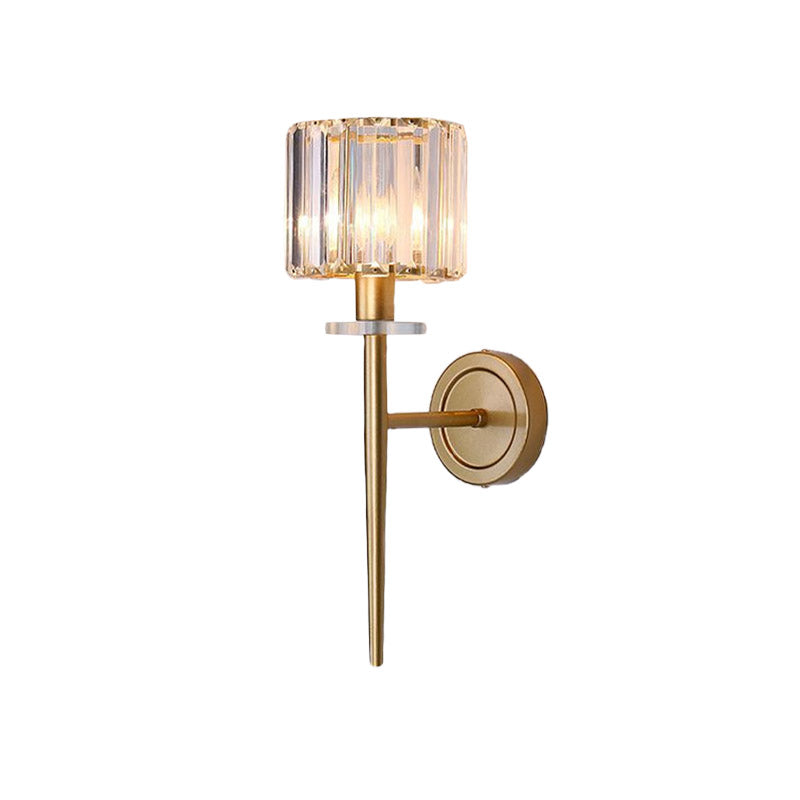 Crystal Block Gold Wall Lamp Cylindrical 1 Light Simple Wall Lighting Setup with Iron Pencil Arm