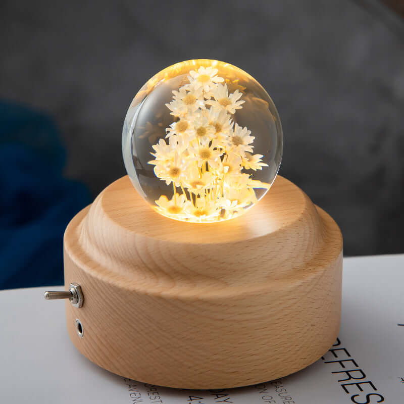 LED Night Lamp Flower Crystal Ball Kids Nightstand Lamp with Wooden Base Bedroom Ambient Light Creative Gift Night Light
